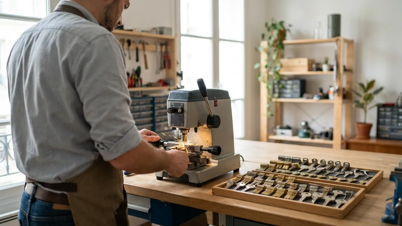 Reproduction d'une clé à points sur machine à tailler chez un serrurier près de Verrières-le-Buisson